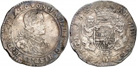1665. Felipe IV. Bruselas. 1 ducatón. (Vti. 1320) (Vanhoudt 642.BS). 32,31 g. Defectos de cospel. Pátina azulada. MBC.