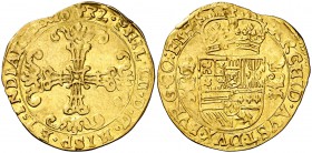1632. Felipe IV. Brujas. 1 corona de oro. (Vti. 1413) (Vanhoudt 639.BG). 3,23 g. Ex Áureo 08/03/1994, nº 991. Fecha rara. MBC.