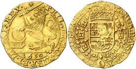 1650. Felipe IV. Brujas. 1 soberano (león de oro). (Vti. 1466) (Vanhoudt 638.BG). 5,53 g. Parte de brillo original. Ex Áureo 30/06/1992, nº 363. Rara....