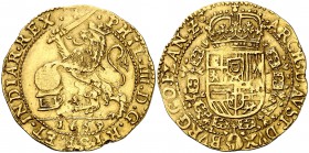 1659. Felipe IV. Brujas. 1 soberano (león de oro). (Vti. falta) (Vanhoudt falta). 5,46 g. Hojitas. Rara. MBC.