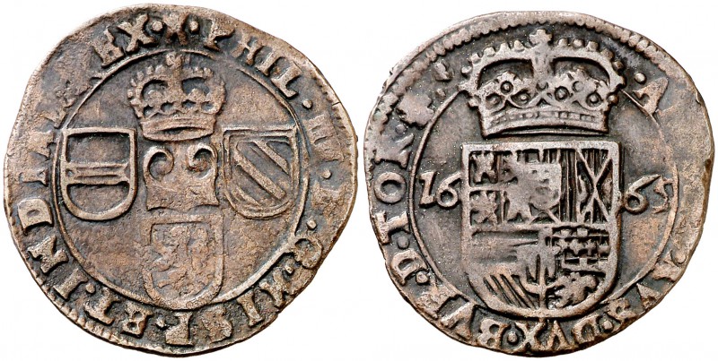 1665. Felipe IV. Tournai. 1 liard. (Vti. 485) (Vanhoudt 653.TO). 3,90 g. Ex Áure...