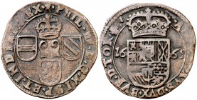 1665. Felipe IV. Tournai. 1 liard. (Vti. 485) (Vanhoudt 653.TO). 3,90 g. Ex Áureo 16/03/1993, nº 352. MBC.