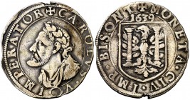 1639. Felipe IV. Besançon. 1/4 de patagón. (Vti. 1651 var) (P.A. 5414, var fecha). 8,18 g. A nombre y busto de Carlos I. Sin indicación de valor. Defe...