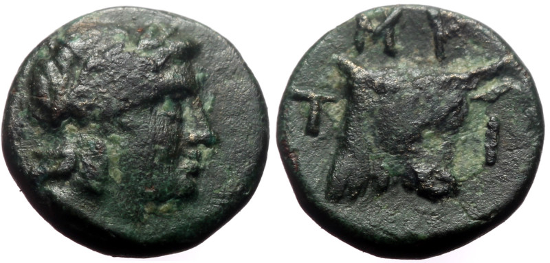 Lesbos, Mytilene AE (Bronze, 0.59g, 9mm) ca 440-400 BC 
Obv: Laureate head of Ap...