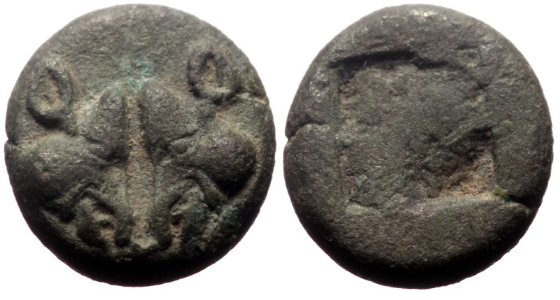 Lesbos, Uncertain Bl Obol (Silver, 0.58g, 8mm) ca 500-450 BC
Obv: Confronted bo...