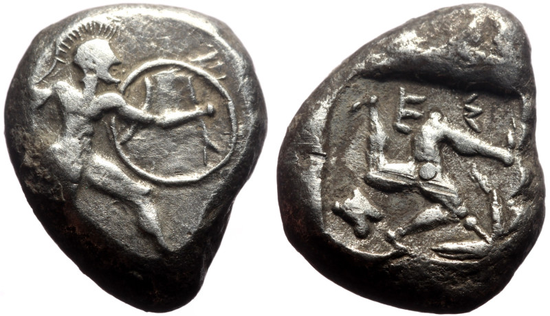 Pamphylia, Aspendos AR Stater (Silver, 10.84g, 18mm) ca 465-430 BC. 
Obv: Helmet...