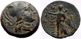 Pamphylia, Side AE (Bronze, 3.58g, 16mm) ca 205-100 BC. 
Obv: Head of Athena to right, wearing crested Corinthian helmet. 
Rev: ΣΙ-ΔΗΤΩΝ Nike advancin...