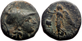 Pamphylia, Side AE (Bronze, 3.09g, 15mm) ca 205-100 BC. 
Obv: Head of Athena to right, wearing crested Corinthian helmet. 
Rev: ΣΙ-ΔΗ, Nike advancing ...