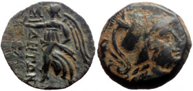 Pamphylia, Side AE (Bronze, 3.26g, 16mm) ca 205-100 BC. 
Obv: Head of Athena to right, wearing crested Corinthian helmet. 
Rev: ΣΙ-ΔΗΤΩΝ Nike advancin...