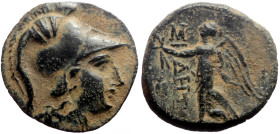 Pamphylia, Side AE (Bronze, 2.73g, 16mm) ca 205-100 BC. 
Obv: Head of Athena to right, wearing crested Corinthian helmet. 
Rev: ΣΙ-ΔΗΤΩΝ Nike advancin...