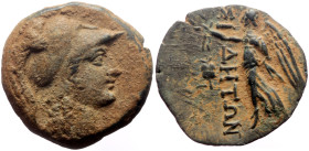 Pamphylia, Side AE (Bronze, 2.38g, 17mm) ca 205-100 BC. 
Obv: Head of Athena to right, wearing crested Corinthian helmet. 
Rev: ΣΙ-ΔΗΤΩΝ Nike advancin...