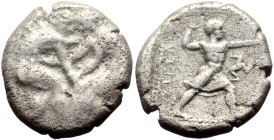 Pamphylia, Aspendos AR Stater (Silver, 10.49g, 25mm) ca 420-410 BC. 
Obv: Two wrestlers grappling 
Rev: Slinger in throwing stance right; triskeles to...