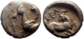 Cilicia, Kelenderis AR Obol (Silver, 0.79g, 9mm) ca 410-375 BC
Obv: Forepart of Pegasos left.
Rev: ΚΕΛ, Goat kneeling right, head left; all within inc...