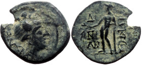 Cilicia, Korykos AE (Bronze, 3.28g, 18mm) 1st century BC. 
Obv: Draped bust of Artemis to right, with bow and quiver over shoulder; AN behind
Rev: KΩΡ...