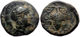 Cilicia, Soloi-Pompeiopolis AE (Bronze, 1.81g, 13mm) ca 400-300 BC.
Obv: Helmeted head of Athena right, helmet decorated with wreath 
Rev: ΣΟΛ-ΕO, gra...