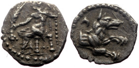 Lycaonia, Laranda AR Obol (Silver, 0.52g, 10mm) ca 324/3 BC. 
Obv: Baaltars seated left, torso facing, holding grain ear and grape bunch in extended r...