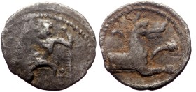 Lycaonia, Laranda AR Obol (Silver, 0.40g, 11mm) ca 324/3 BC.
Obv: Baaltars seated left, torso facing, holding grain ear and grape bunch in extended r...