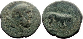 Kingdom of Galatia AE (Bronze, 7.11g, 21mm) Amynthas (39-25 BC)
Obv: head of Heracles with club, right; (to left, monogram)
Rev: ΒΑΣΙΛΕΩΣ ΑΜΥΝΤΟΥ; lio...