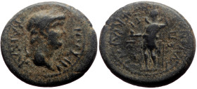 Lydia, Maeonia AE (Bronze, 3.01g, 17mm) Nero (54-68) Magistrate: Tiberius Claudius Menekrates, Issue: c. AD 65
Obv: ΝΕΡΩΝ ΚΑΙϹΑΡ; laureate head of Ner...