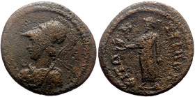 Lydia, Tripolis AE (Bronze, 4.51g, 20mm) Uncertain Reign 
Obv: bust of Athena wearing aegis, left
Rev: ΤΡΙΠΟΛΕΙΤΩΝ; Zeus (Lydios) standing, left, hold...