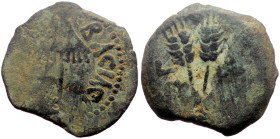 Judaea, Herodians AE Prutah (Bronze, 2.37g, 17mm) Agrippa I (37-43) Jerusalem mint. Dated RY 6 (41/2). 
Obv: Umbrella-like canopy with fringes 
Rev: T...