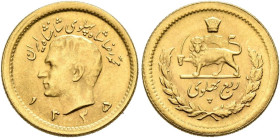 Iran, Pahlavis. Muhammad Reza Shah (AH 1320-1358 / AD 1941-1979) AV 1/4 Pahlavi SH 1335 = 1956 (Gold, 2.00g, 15mm) Tehran 
Obv: Bare head of Muhammad ...
