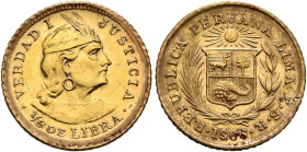Peru, Republic (1822-present) AV 1/5 Libra 1966 (Gold, 1.59g, 14mm) Lima. 
Obv: VERDAD I - JUSTICIA / •1/5 DE LIBRA• Decorated and draped bust of a Na...