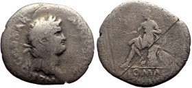 Nero (54-68) AR Denarius (Silver, 2.55g, 19mm) ca 64-65
Obv: NERO CAESAR – AVGVSTVS, Laureate head r.
Rev: Roma seated l. on cuirass, holding Victor...