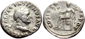 Vespasian (69-79) AR Denarius (Silver, 3.12g, 18mm) Rome, 70. 
Obv: IMP CAESAR VESPASIANVS AVG, laureate head of Vespasian right 
Rev: COS ITER-TR POT...