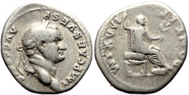 Vespasian (69-79) AR Denarius (Silver, 3.22g, 20mm) Rome, 74. 
Obv: IMP CAESAR VESP AVG, laureate head to right 
Rev: PONTIF MAXIM, Emperor seated to ...