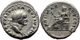 Vespasian (69-79) AR Denarius (Silver, 3.35g, 19mm) Rome.
Obv: IMP CAESAR VESPASIANVS AVG, Laureate head right.
Rev: PON MAX TR P COS VI, Pax seated l...