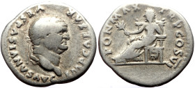 Vespasian (69-79) AR Denarius (Silver, 3.19g, 19mm) Rome, 75 
Obv: Obv: IMP CAESAR - VESPASIANVS AVG, Head laureate right. 
Rev: PON MAX - TR P COS VI...