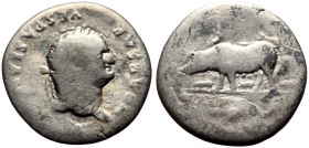 Titus (Caesar, 69-79) AR Denarius (Silver, 2.62g, 18mm) Rome.
Obv: T CAESAR VESPASIANVS, Laureate head right.
Rev: IMP XIII, Sow standing left, with t...