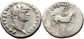 Domitian (Caesar, 69-81) AR Denarius (Silver, 3.01g, 19mm) Rome, 76-77. 
Obv: CAESAR AVG F DOMITIANVS, laureate head to right 
Rev: COS IIII, Pegasus ...