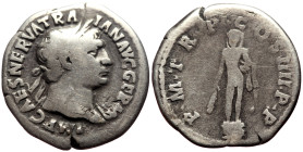 Trajan (98-117) AR Denarius (Silver, 2.76g, 19mm) Rome, 101-102. 
Obv: IMP CAES NERVA TRAIAN AVG GERM, laureate head right, drapery over far shoulder ...