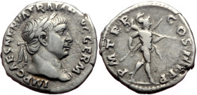 Trajan (98-117) AR Denarius (Silver, 3.53g, 18mm) Rome, 101-102. 
Obv: IMP CAES NERVA TRAIAN AVG GERM, Laureate head of Trajan to right, with slight d...