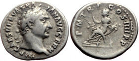 Trajan (98-117) AR Denarius (Silver, 3.57g, 19mm) Rome, 101-102. 
Obv: IMP CAES NERVA TRAIAN AVG GERM, laureate head right 
Rev: P M TR P COS IIII P P...