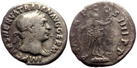 Trajan (98-117) AR Denarius (Silver, 2.29g, 18mm) Rome.
Obv: IMP CAES NERVA TRAIAN AVG GERM, Laureate bust right, with slight drapery.
Rev: P M TR P C...