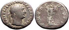 Trajan (98-117) AR Denarius (Silver, 2.87g, 18mm) 103-111.
Obv: IMP NERVA TRAIANVS AVG GER DACICVS, laureate head of Trajan right, slight drapery on ...