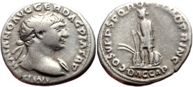 Trajan (98-117) AR Denarius (Silver, 3.31g, 20mm)
Obv: IMP TRAIANO AVG GER DAC P M TR P, Laureate bust right, with slight drapery.
Rev: COS V P P S P ...