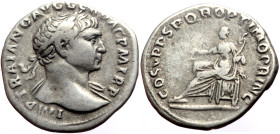 Trajan (98-117) AR Denarius (Silver, 3.63g, 19mm) Rome, 108. 
Obv: IMP TRAIANO AVG GER DAC P M TR P , laureate bust facing right, light drapery on lef...