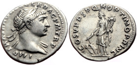 Trajan (98-117) AR Denarius (Silver, 3.57g, 19mm) Rome, 103-111. 
Obv: IMP TRAIANO AVG GER DAC P M TR P, laureate bust right, slight drapery on far sh...