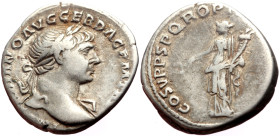 Trajan (98-117) AR Denarius (Silver, 19mm, 3.35g) Rome, 103-111.
Obv: IMP TRAIANO AVG GER DAC P M TR P, laureate bust to right, slight drapery on far ...