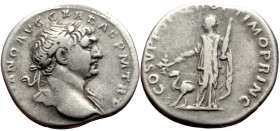 Trajan (98-117) AR Denarius (Silver, 3.33g, 18mm) Rome, 110. 
Obv: IMP TRAIANO AVG GER DAC P M TR P Laureate bust of Trajan to right, slight drapery o...