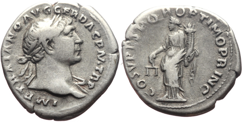 Trajan (98-117) AR Denarius (Silver, 3.33g, 20mm) Rome, 107. 
Obv: IMP TRAIANO A...