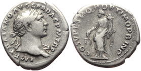 Trajan (98-117) AR Denarius (Silver, 3.33g, 20mm) Rome, 107. 
Obv: IMP TRAIANO AVG GER DAC P M TR P COS V P P, laureate bust to right, slight drapery ...