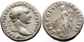 Trajan (98-117) AR Denarius (Silver, 3.07g, 18mm) Rome, 103-107. 
Obv: IMP TRAIANO AVG GER DAC P M TR P COS V P P, Laureate bust of Trajan to right, a...