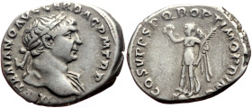 Trajan (98-117) AR Denarius (Silver, 3.46g, 19mm) ca 112-117
Obv: IMP TRAIANO AVG GER DAC P M TR P Laureate bust r., drapery on far shoulder. 
Rev: CO...