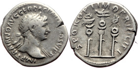 Trajan (98-117) AR Denarius (Silver, 3.20g, 20mm) ca 113-114
Obv: IMP TRAIANO AVG GER DAC P M TR P COS VI P P, Laureate bust r., with drapery on l. sh...