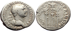 Trajan (98-117) AR Denarius (Silver, 3.17g, 20mm) Rome, 113-114
Obv: IMP TRAIANO AVG GER DAC P M TR P COS VI P P, Laureate bust r., with drapery on l....